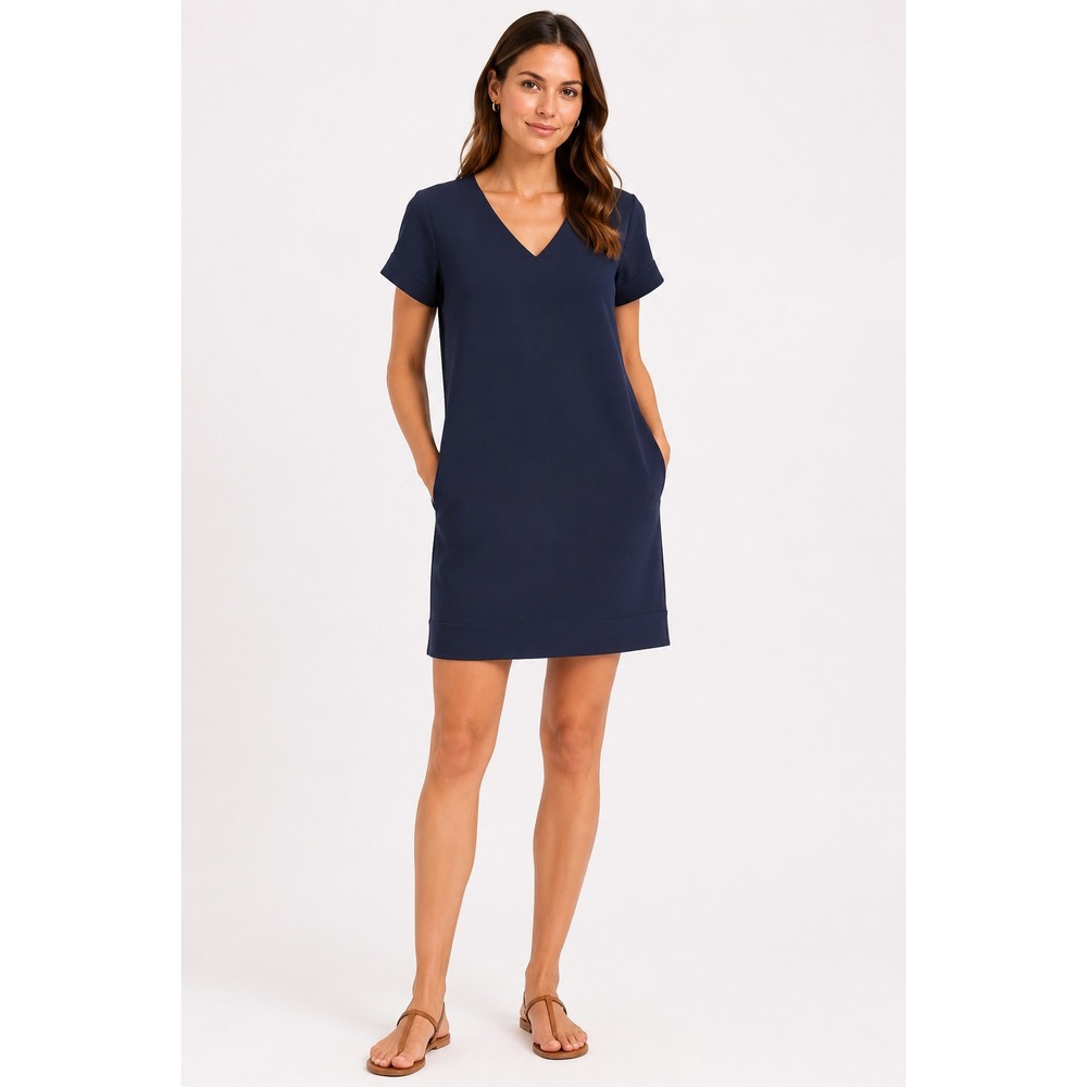 Theory Navy Blue V-Neck Short Sleeve Shift Dress with Pockets Size 8